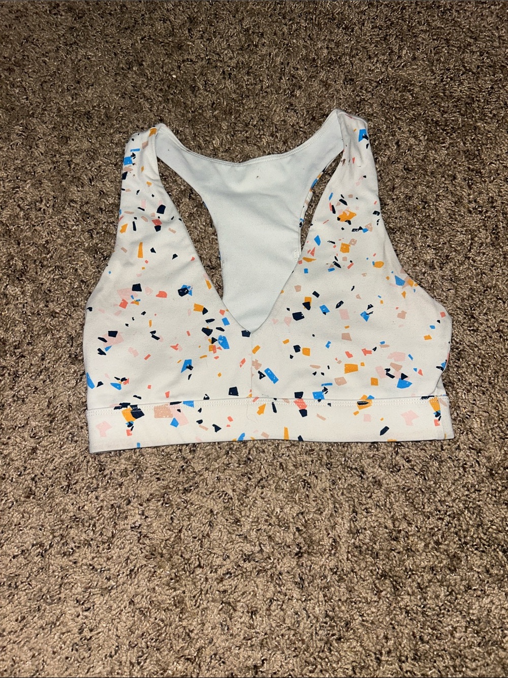 Fabletics White Sports Bra with Multicolor Confetti Print